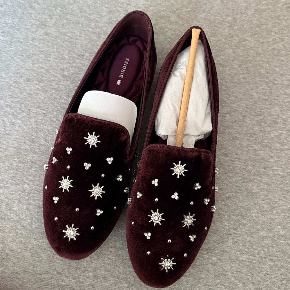 Birdies Burgundy Velvet Embellished Loafers